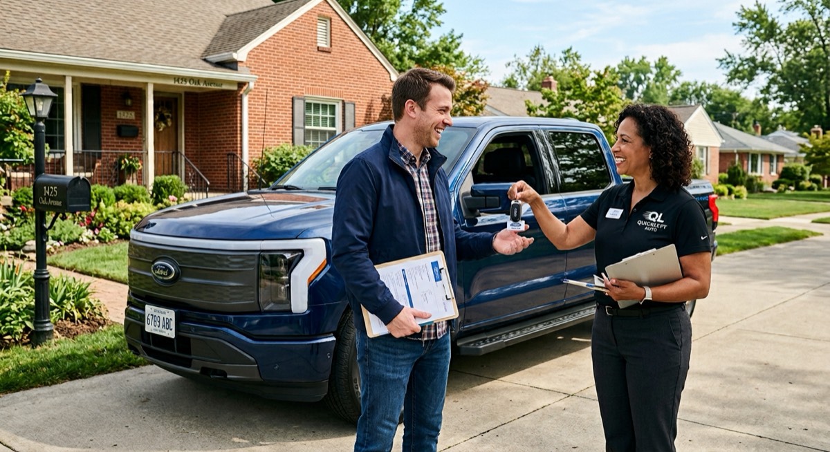A Quicklyft Auto representative meeting a seller in person at their home to complete a vehicle pickup